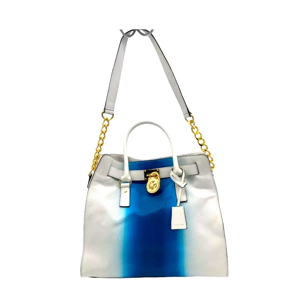 MICHAEL KORS RARE Hamilton White With Blue Spray Paint Leather Leather Tote Bag